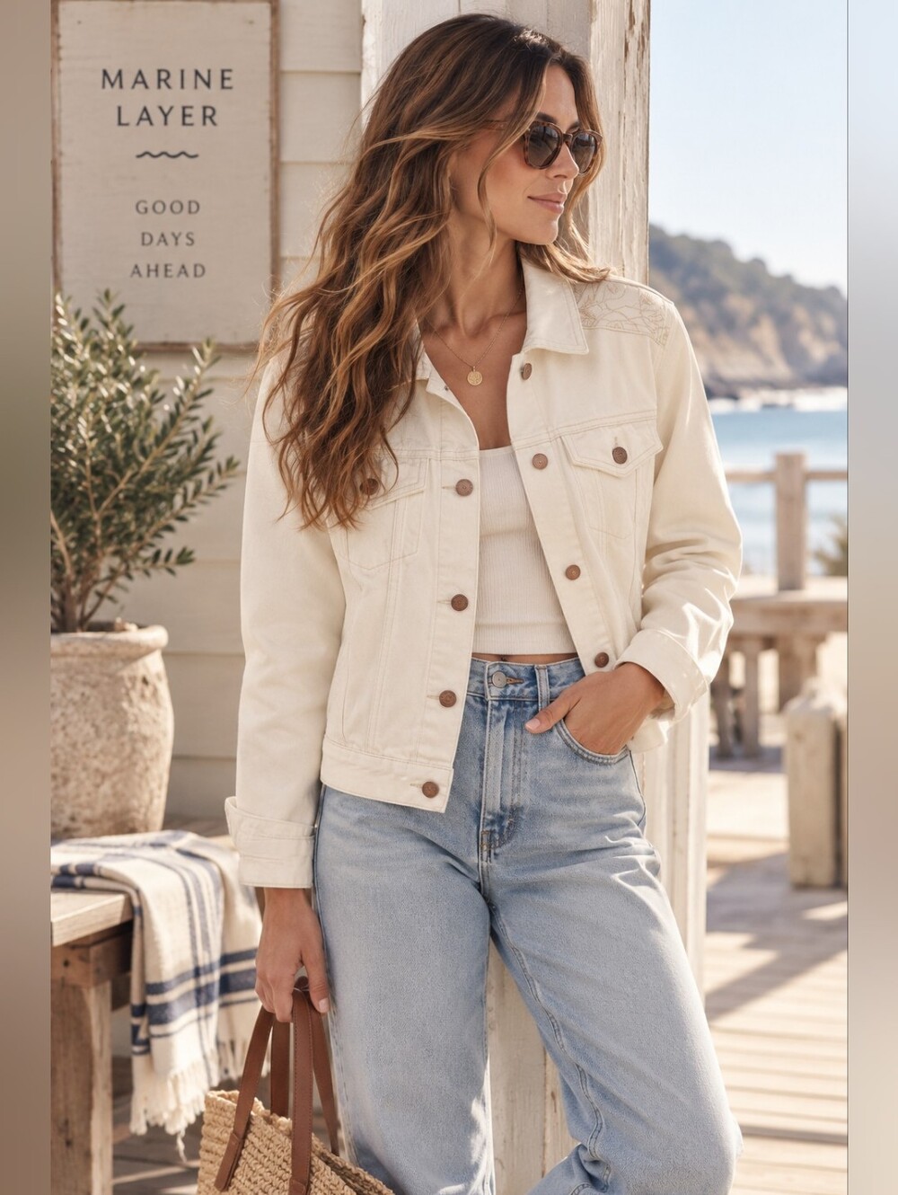 MARINE LAYER Women's Denim Jean‎ Jacket SMALL Ivory Embroidered 15945